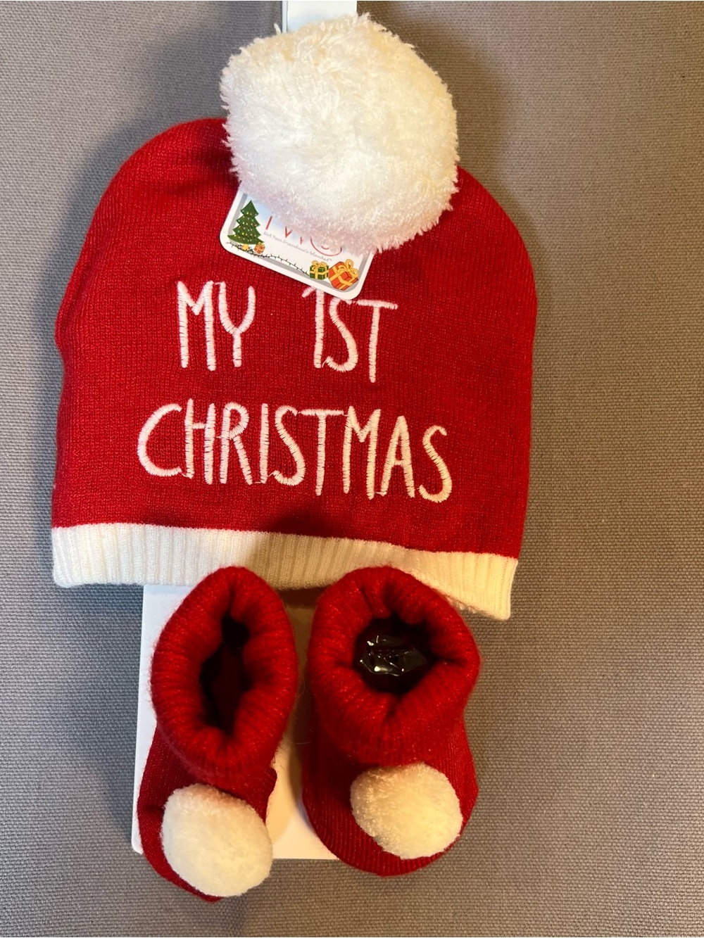 My 1st Christmas Red Baby Beanie & Booties Set Puff Balls Holiday Gift